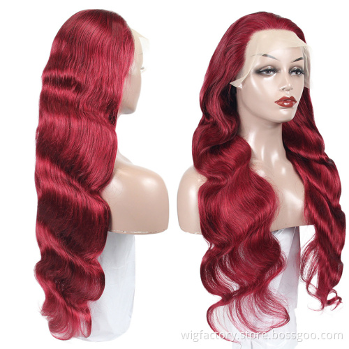Factory wholesale 30 Inch Long 99j body waves wig lac frontal Human Hair 99j frontal wig 10a 99j human hair transparent wig